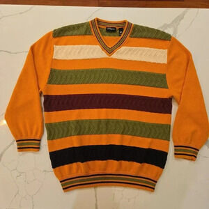 VTG A. Taziano Mens V-Neck Cotton Striped Y2K Relaxed Fit Sweater Orange Green